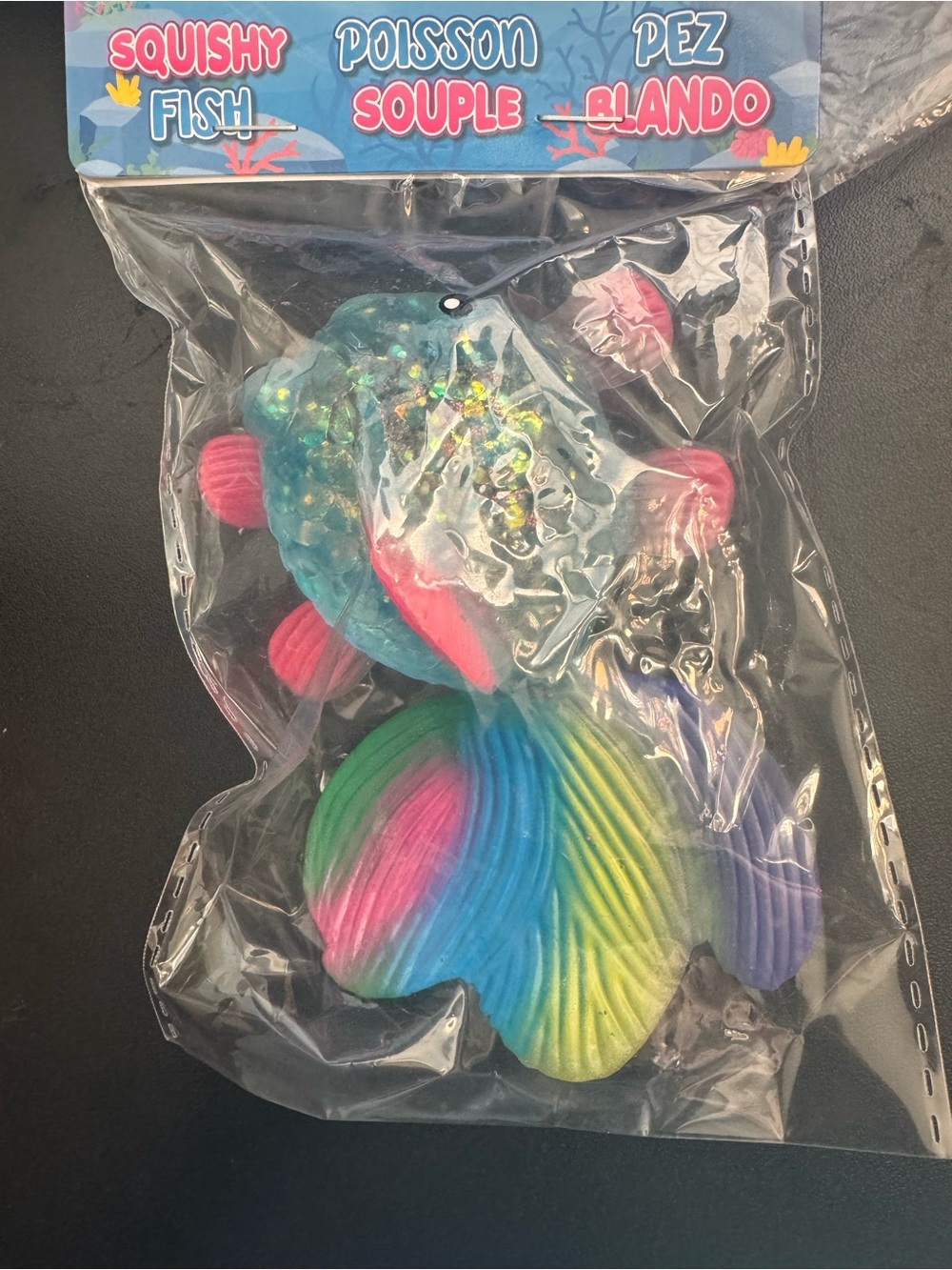Rainbow Squishy Fish Toy - Blue Body with Multicolor Tail & Pink Fins